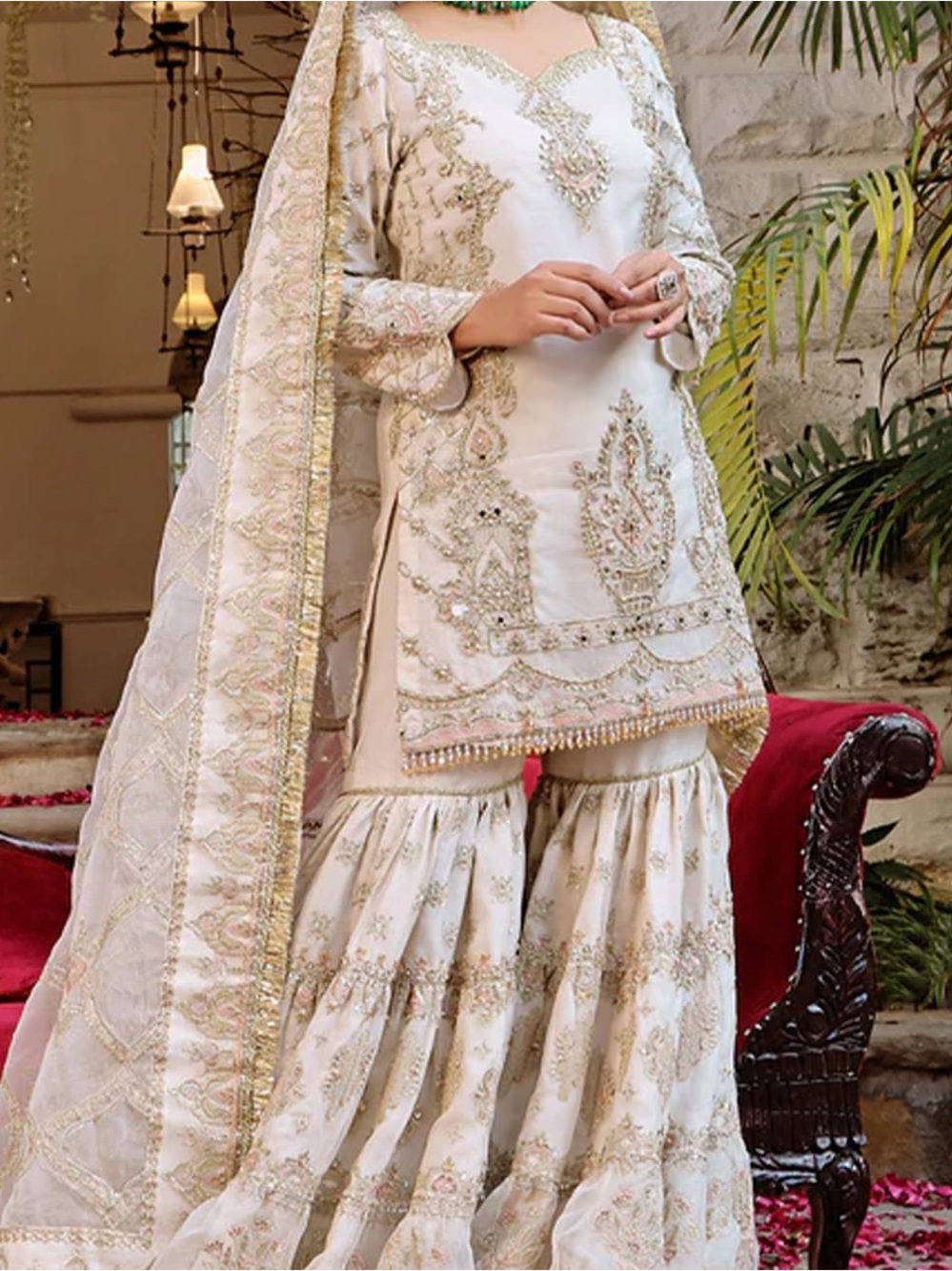NAQSHI Embroidered Ivory Pakistani Bridal Sharara Set with Gold Accents